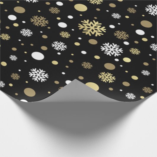 ホワイトフェイク金ゴールドスノーフレーク水玉模様オンブラック ラッピングペーパー (角)
