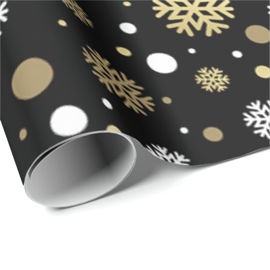 ホワイトフェイク金ゴールドスノーフレーク水玉模様オンブラック ラッピングペーパー (ロールコーナー)