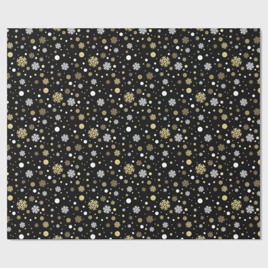 ホワイトフェイク金ゴールドスノーフレーク水玉模様オンブラック ラッピングペーパー (フラット)