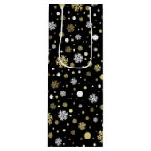 ホワイトフェイク金ゴールドスノーフレーク水玉模様オンブラック ワインギフトバッグ (正面)