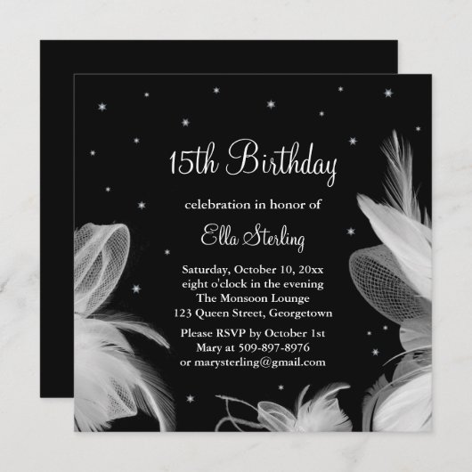 ホワイトフェザーの夕べ誕生日招待状 招待状 (正面/裏面)