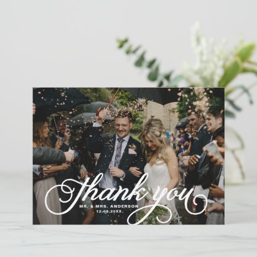 ホワイトフェミニンスクリプ結婚ト写真 サンキューカード (スタンド正面)