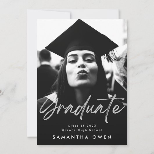 ホワイトフェードブラシ大学院モダンスクリプト写真 案内状 (正面)