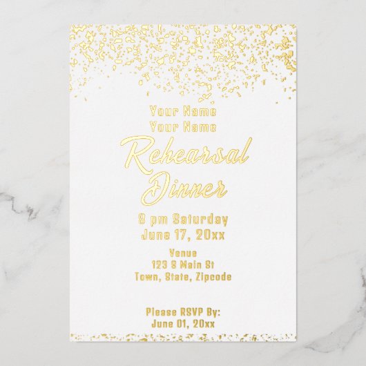 ホワイトフォイルとゴールドフォイルのリハーサルディナー 箔招待状 (正面)
