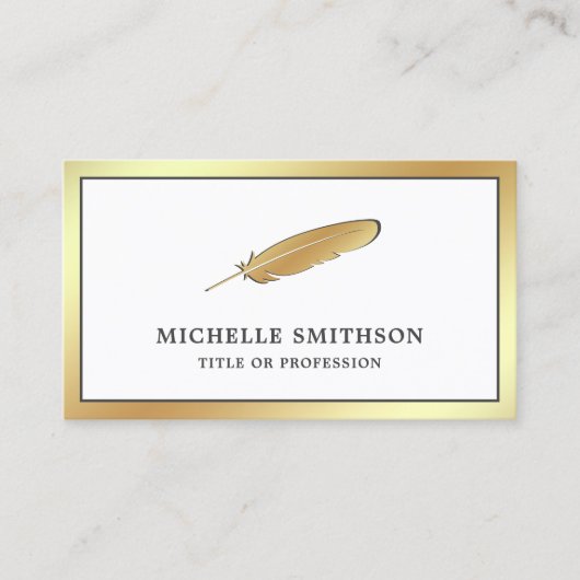 ホワイトフォイルとゴールドフォイルの羽ヴィンテージクイルペン 名刺 (正面)