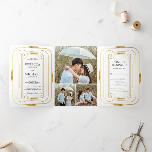ホワイトフォイルとゴールドフォイルアールデコフォトコラージュ結婚ズ 三つ折り招待状 (内部)