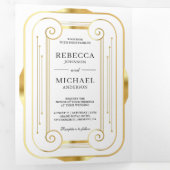 ホワイトフォイルとゴールドフォイルアールデコフォトコラージュ結婚ズ 三つ折り招待状 (内部最初)