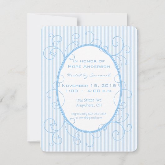 ホワイトフォトストライプ男の赤ちゃんシャワーで青い旋回 招待状 (裏面)