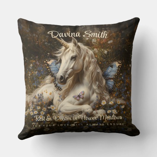 ホワイトフォレストユニコーンブルーバタフライ草原花 クッション (裏面)