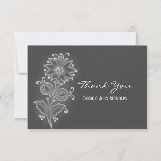 ホワイトフォークアートフラワーオングレーカスタムウェディング サンキューカード (正面)