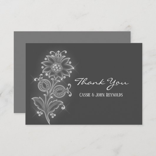 ホワイトフォークアートフラワーオングレーカスタムウェディング サンキューカード (正面/裏面)
