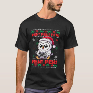 ホワイトフクロウおもしろいゲーマーピューのビデオゲーム醜いクリスマ Tシャツ