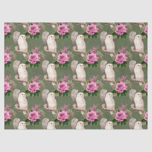 ホワイトフクロウズアンドピンクローズオングリーンデコパージュ 薄葉紙 (正面)