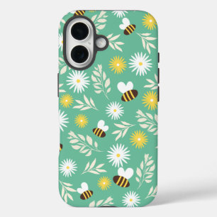 ホワイトフラワーとミツバチのデザイン Otterbox iPhone 16 カバー