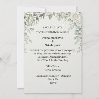 ホワイトフラワーのオリーブの枝の結婚式延期通知 招待状