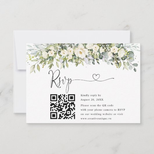 ホワイトフラワーの結婚式ウェブサイトQRコードRSVP 出欠カード (正面)
