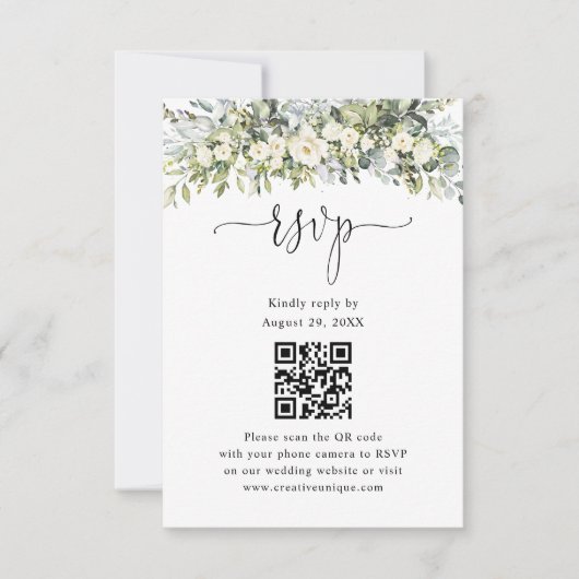 ホワイトフラワーの結婚式ウェブサイトQRコードRSVP 出欠カード (正面)