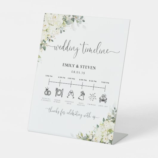 ホワイトフラワーの結婚式タイムラインサイン 台座サイン (正面)