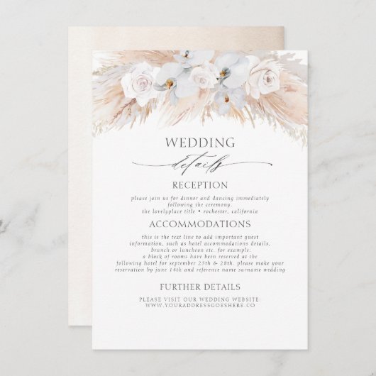 ホワイトフラワーエキゾチックパンパスグラス結婚ズ詳細 エンクロージャーカード (正面/裏面)