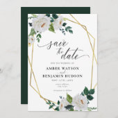 ホワイトフラワーエメラルド金ゴールドフローラ保存日 招待状 (正面/裏面)