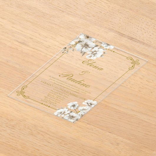 ホワイトフラワーエレガントウェディング招待状スペインのイン アクリル招待状 (レイダウン)