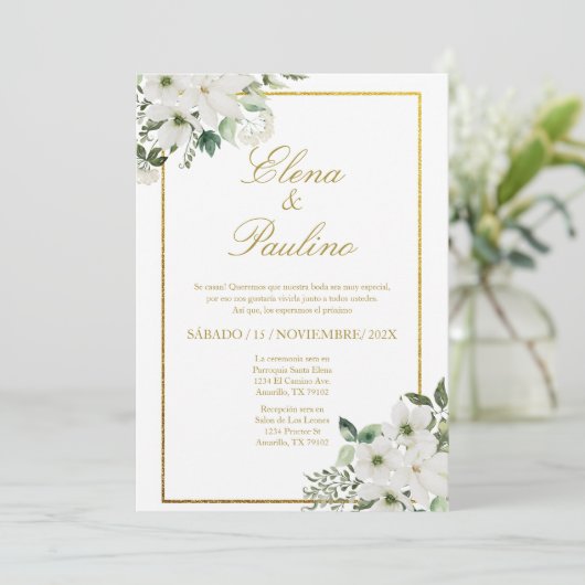 ホワイトフラワーエレガントウェディング招待状スペインのイン 招待状 (スタンド正面)