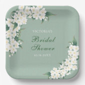 ホワイトフラワーオングリーンパターンブライダルシャワー ペーパープレート (正面)