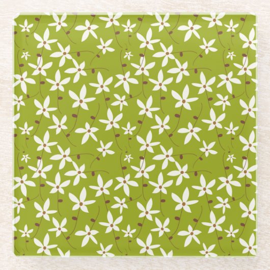 ホワイトフラワーオングリーンパターンレトロ ガラスコースター (正面)