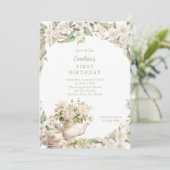 ホワイトフラワーガーデンティーパーティー任意の年齢誕生日 招待状 (スタンド正面)