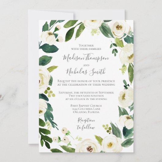 ホワイトフラワーグリーンリース結婚式招待状 招待状 (正面)