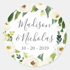 ホワイトフラワーグリーン結婚の封筒用シールシール ラウンドシール