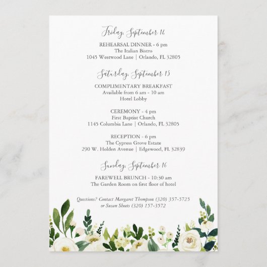 ホワイトフラワーグリーン結婚リーズホテルウェルカムカード プログラム (裏面)