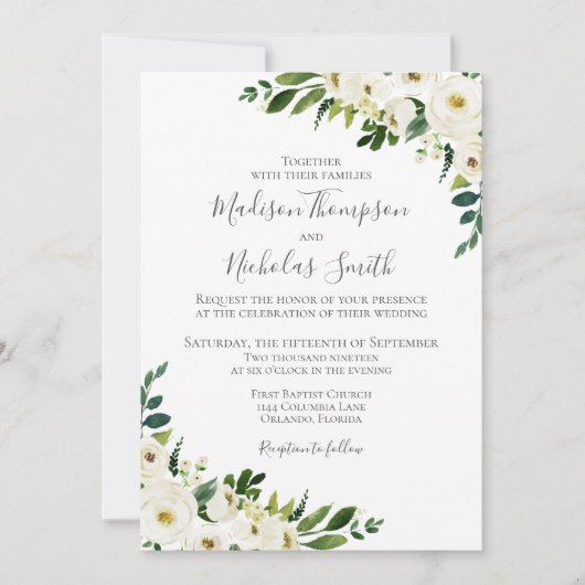 ホワイトフラワーグリーン結婚式招待状カード 招待状 (正面)