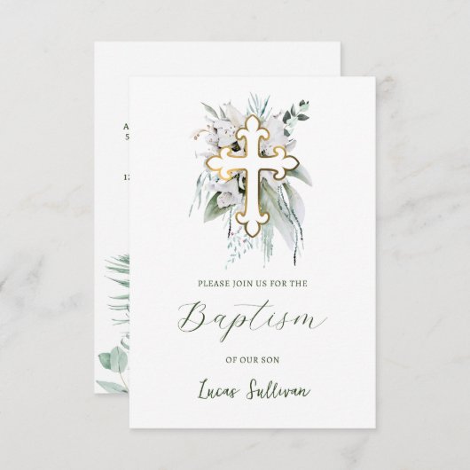 ホワイトフラワーズグリーナリーブーケバプテスマ招待状 招待状 (正面/裏面)