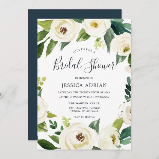 ホワイトフラワーズグリーンリースブライダルシャワー招待状 招待状 (正面/裏面)