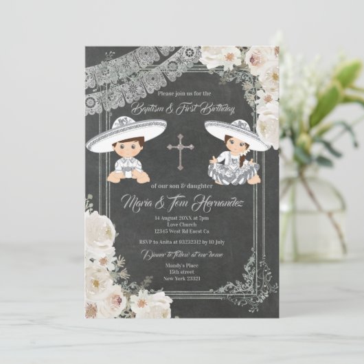 ホワイトフラワーズバプティスマンド誕生日フィエスタツイン   招待状 (スタンド正面)