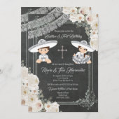 ホワイトフラワーズバプティスマンド誕生日フィエスタツイン   招待状 (正面/裏面)