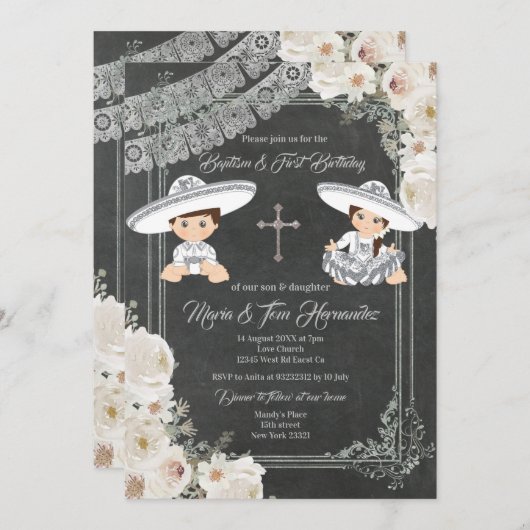 ホワイトフラワーズバプティスマンド誕生日フィエスタツイン 招待状 (正面/裏面)