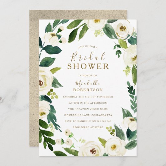ホワイトフラワーズボタニカルリースブライダルシャワー 招待状 (正面/裏面)