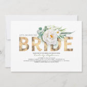 ホワイトフラワーズ金ゴールドと緑シックブライダルシャワー 招待状 (正面)