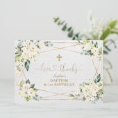 ホワイトフラワーズ金ゴールドガール1stバースデーバプテスマ サンキューカード (スタンド正面)