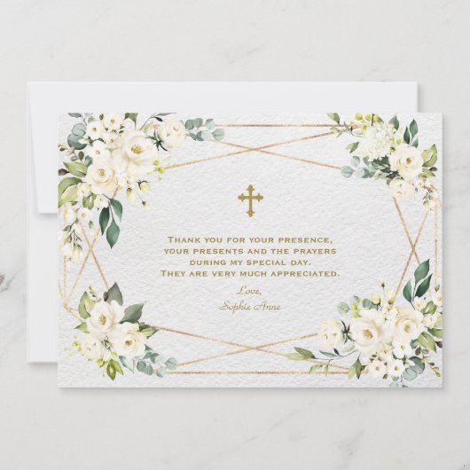 ホワイトフラワーズ金ゴールドガール1stバースデーバプテスマ サンキューカード (裏面)