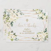 ホワイトフラワーズ金ゴールドガール1stバースデーバプテスマ サンキューカード (正面/裏面)