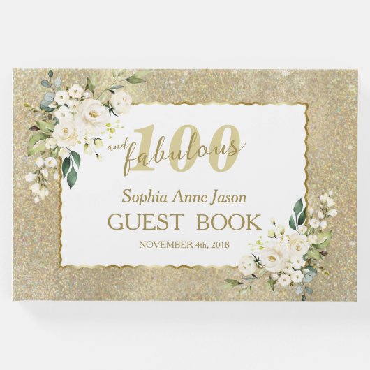 ホワイトフラワーズ金ゴールド100と素晴らしい誕生日パーティー ゲストブック (正面)