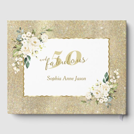 ホワイトフラワーズ金ゴールド50と素晴らしい誕生日パーティー ゲストブック (裏面)