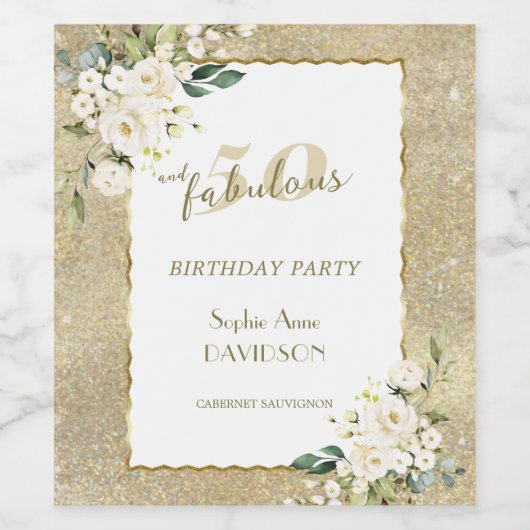 ホワイトフラワーズ金ゴールド50と素晴らしい誕生日パーティー ワインラベル (シングルラベル)