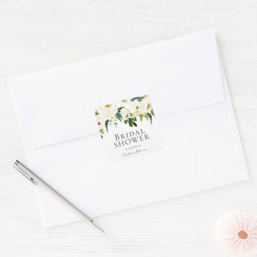 ホワイトフラワーズ&クリームエレガントブライダルシャワー スクエアシール (封筒)