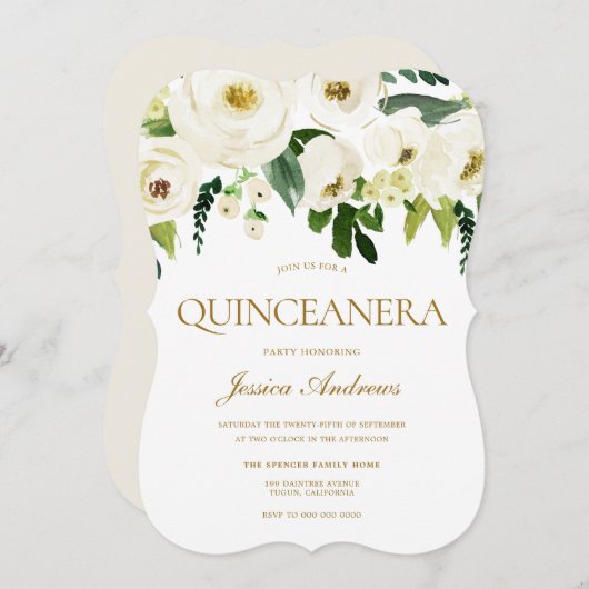 ホワイトフラワーズ&クリームキンセアニェラパーティー 招待状 (正面/裏面)