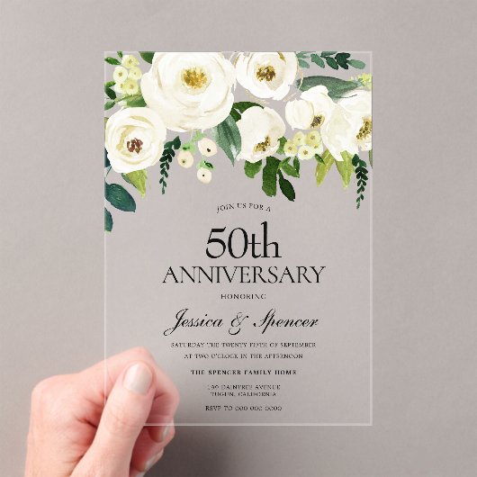 ホワイトフラワーズ&クリーム結婚50周年 アクリル招待状 (インサイチュ (ポータブル))