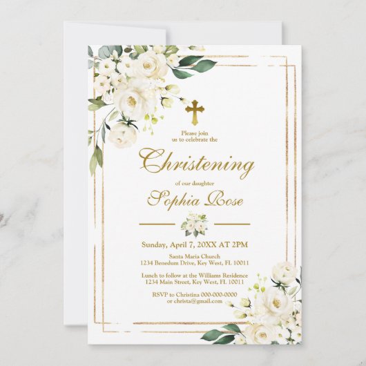 ホワイトフラワーズ&金ゴールドフレームガール《キリスト教》洗礼式や命名式 招待状 (正面)